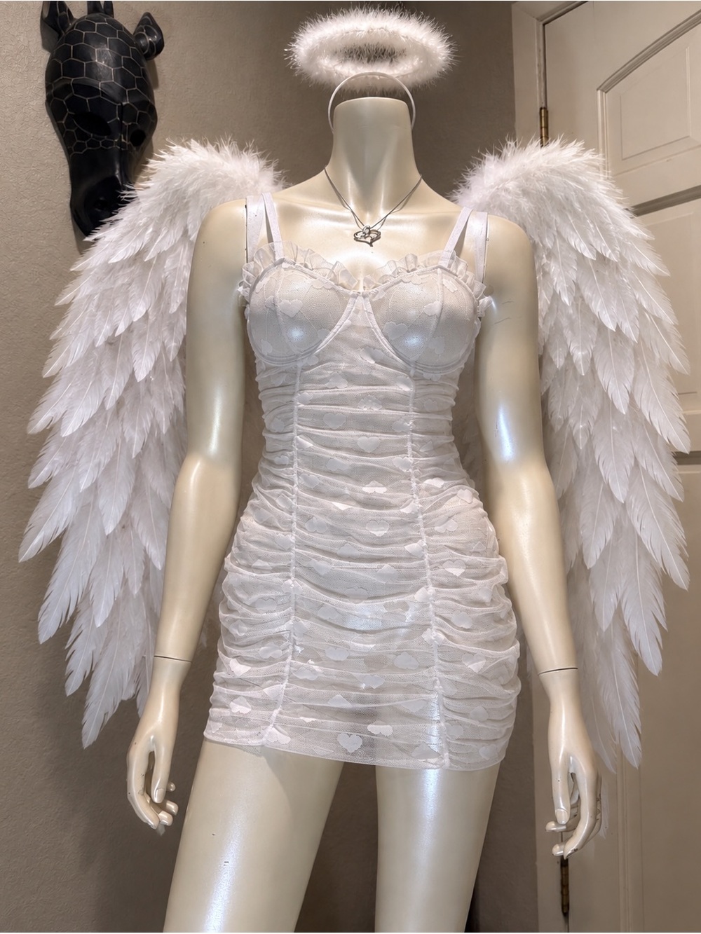 White Heart-Detail Ruched Mini Dress - Womens